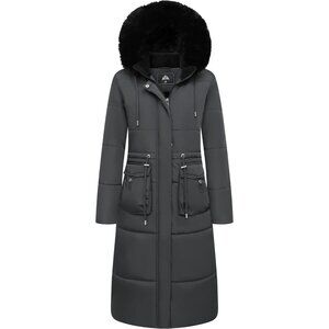 Women's Dark Grey Long Winter Puffer Coat Waterproof Warm Down Jacket